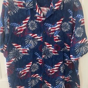 George Mens Sz 2XL Button Shirt Rayon Red White Blue Patriotic Eagle Fireworks